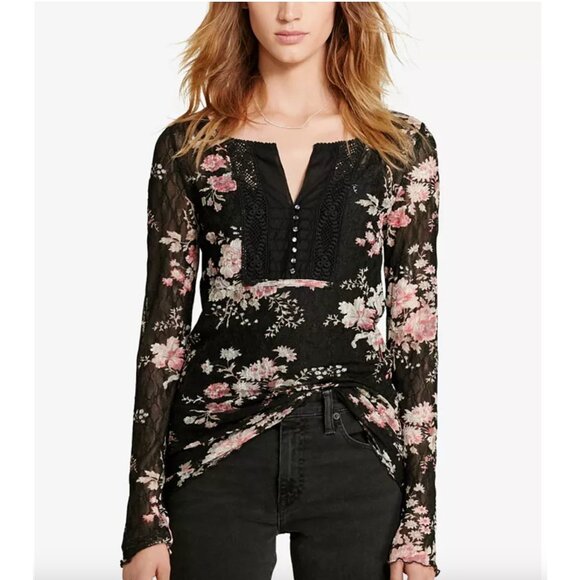 Denim & Supply Ralph LaurenFloral-Print Crochet-Bib Henley Size Small - Picture 1 of 9